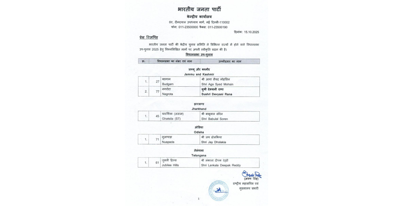 BJP names Devyani Rana, Aga Syed Mohsin for J&K Assembly Bypolls