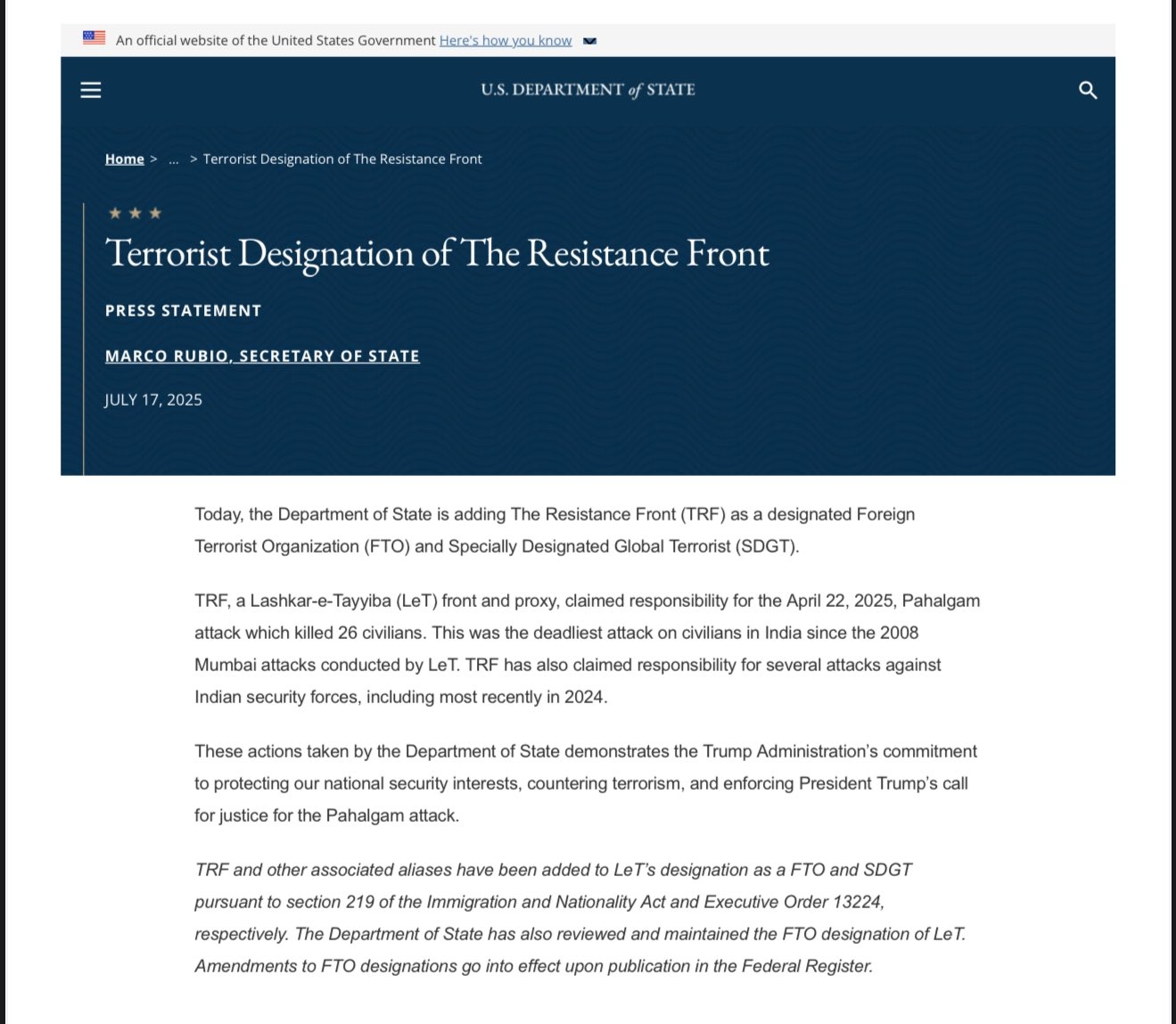 USA  Designates TRF as Foreign Terrorist Organization Over Deadly Pahalgam Attack
