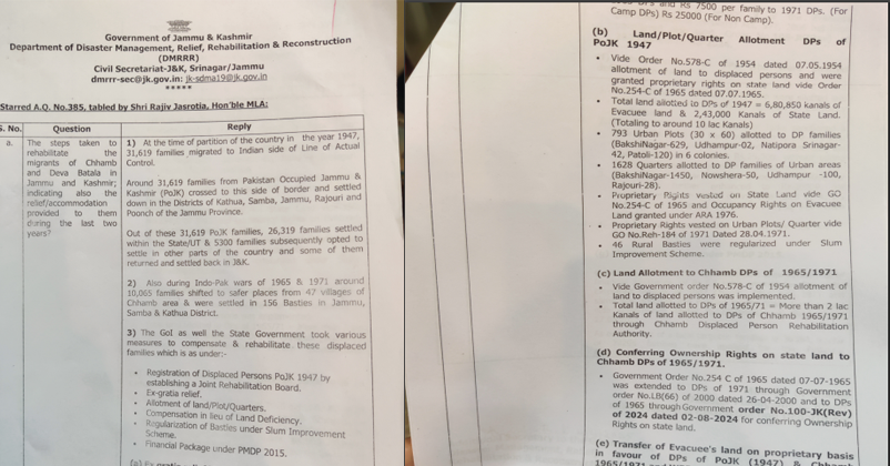 Rajeev jasrotia raised issue of pojk displaced people in jammu kashmir assembly