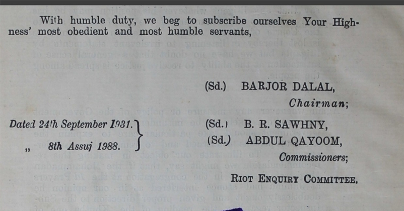 Barjor dalal july, 1931 kashmir riots commite report