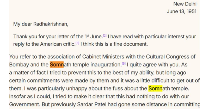 Nehru Latter on Somnath Mandir